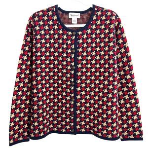 Vintage Houndstooth Red Navy Cardigan Sweater 90s Layers Women Size L Westbound